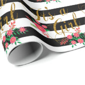 ピンクの花柄のエレガントな白黒ストライプ ラッピングペーパー (ロールコーナー)