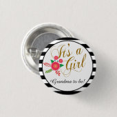 ピンクの花柄のエレガントな白黒ストライプ 缶バッジ (正面&裏面)