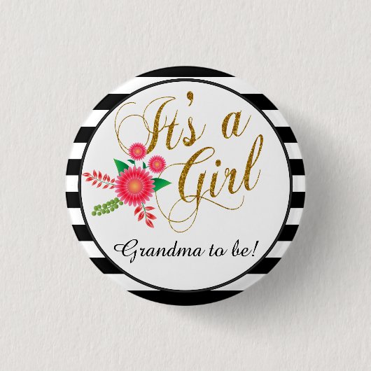 ピンクの花柄のエレガントな白黒ストライプ 缶バッジ (正面)