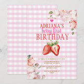 ピンクの花柄のギンガム ベリー ファースト バースデー 招待状 (正面/裏面)