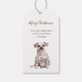 ピンクの花柄のクリスマス犬 ギフトタグ