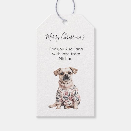 ピンクの花柄のクリスマス犬 ギフトタグ (正面)