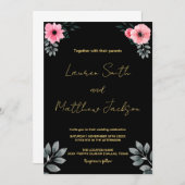 ピンクの花柄のゴールドの結婚式招待状 招待状 (正面/裏面)