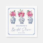 ピンクの花柄のシノワズリーのジンジャージャー ブライダルシャワー スタンダードカクテルナプキン (正面)