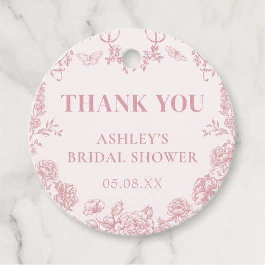 ピンクの花柄のシノワズリーブライダルシャワーフェイバータグ フェイバータグ (正面)