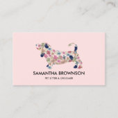 ピンクの花柄のダックスフント犬ペットシッター 名刺 (正面)