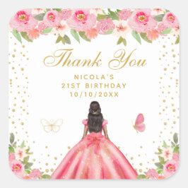 ピンクの花柄のダークスキンのプリンセスの誕生日パーティー スクエアシール