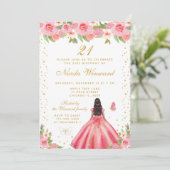 ピンクの花柄のダークスキンのプリンセスの誕生日パーティー 招待状 (スタンド正面)