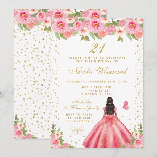 ピンクの花柄のダークスキンのプリンセスの誕生日パーティー 招待状 (正面/裏面)