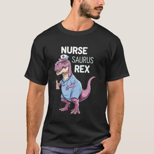 ピンクの花柄のティラノサウルス ナースサウルスレックス Tシャツ (正面)