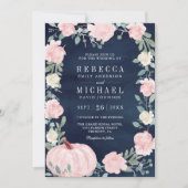 ピンクの花柄のパンプキンQRコードネイビーの結婚式 招待状 (正面)