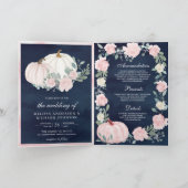 ピンクの花柄のパンプキンQRコードネイビーの結婚式 招待状 (内部)