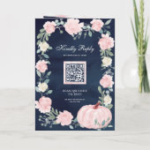ピンクの花柄のパンプキンQRコードネイビーの結婚式 招待状 (裏面)