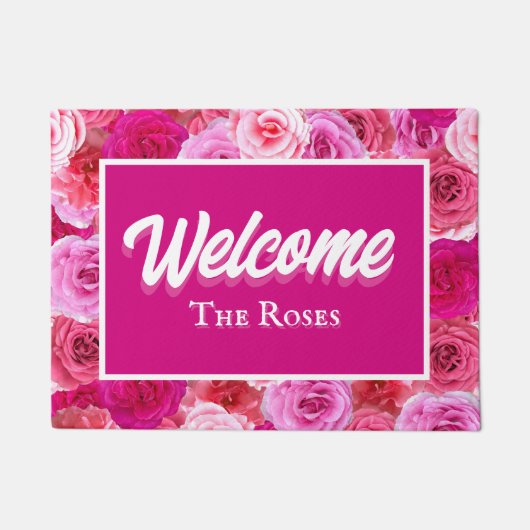 ピンクの花柄のパーソナライズされた玄関　ウェルカム ドアマット (正面)