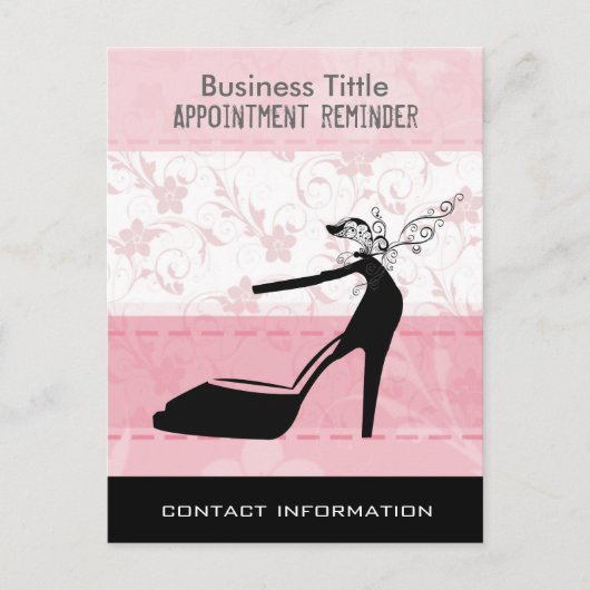 ピンクの花柄のブラックハイヒールスティレットシューズ ポストカード (正面)