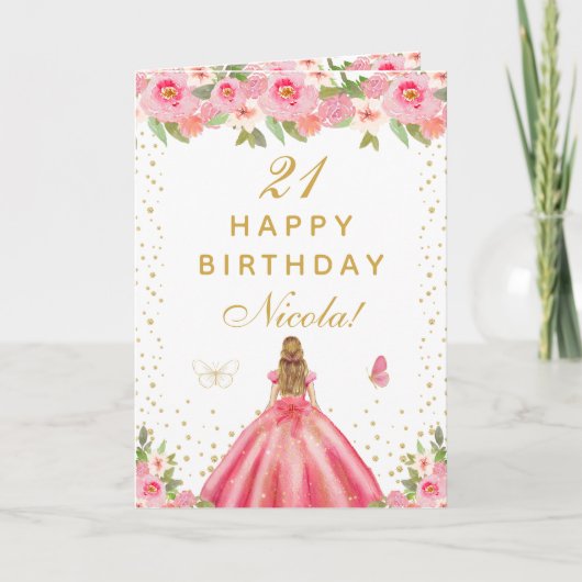 ピンクの花柄のブロンドヘアの女の子の誕生日 カード (正面)