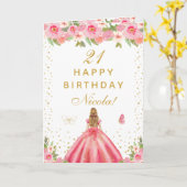 ピンクの花柄のブロンドヘアの女の子の誕生日 カード (黄色い花)