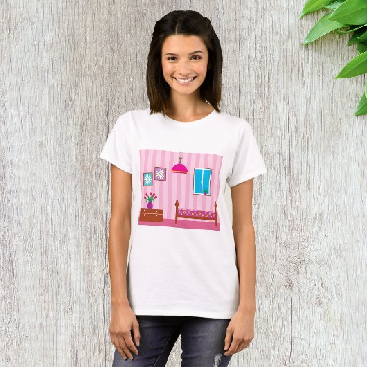 ピンクの花柄のベッドルーム 子供部屋 Tシャツ