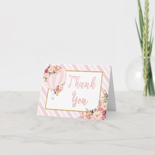 ピンクの花柄のホットエアバルーンの感謝カード サンキューカード (正面)