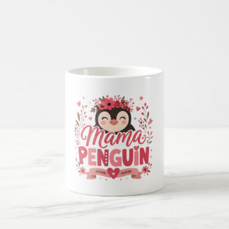 ピンクの花柄のママペンギンのイラスト コーヒーマグカップ