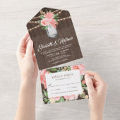 ピンクの花柄のメイソンジャー　田舎風の木製の結婚式 オールインワン招待状 (貼ってはがせる)