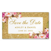 ピンクの花柄の保存日付の金ゴールドのグリッターの小型磁石 マグネット名刺 (正面)