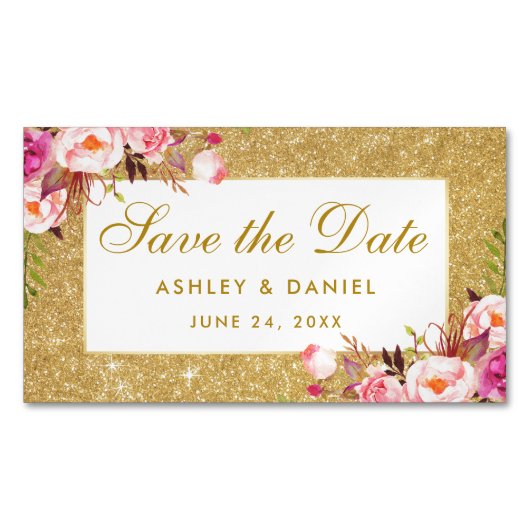 ピンクの花柄の保存日付の金ゴールドのグリッターの小型磁石 マグネット名刺 (正面)