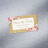 ピンクの花柄の保存日付の金ゴールドのグリッターの小型磁石 マグネット名刺 (インサイチュ)