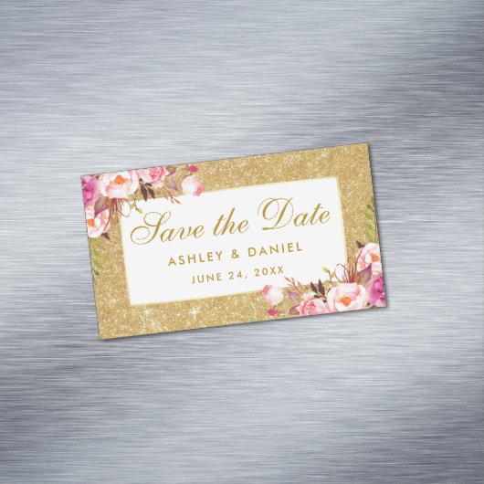 ピンクの花柄の保存日付の金ゴールドのグリッターの小型磁石 マグネット名刺 (インサイチュ)