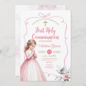ピンクの花柄の初めての聖体拝領の少女が十字架を祈る 招待状 (正面/裏面)