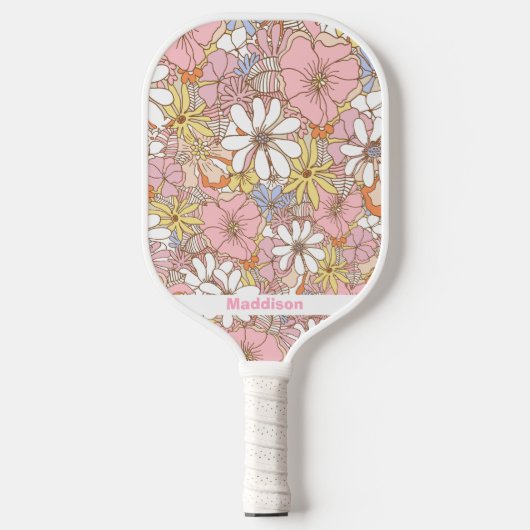 ピンクの花柄の名前入りかわいい ピックルボールラケット (正面)