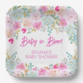 ピンクの花柄の女の子のベビーシャワー ペーパープレート (正面)