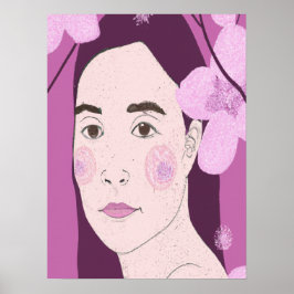 ピンクの花柄の少女の肖像画 ポスター