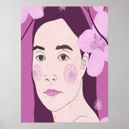 ピンクの花柄の少女の肖像画 ポスター (正面)