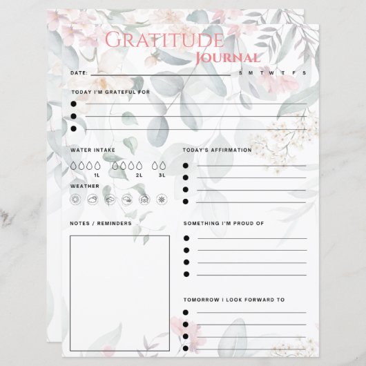 ピンクの花柄の感謝日記用紙 (正面/裏面)