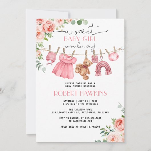 ピンクの花柄の服の女の子のベビーシャワー招待状 招待状 (正面)