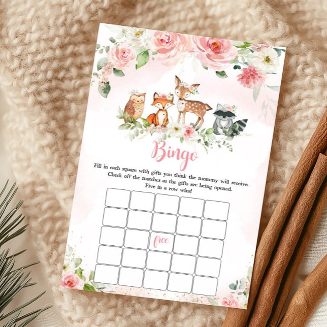 ピンクの花柄の森のシャワービンゴゲーム (Girl Woodland Animals Baby Shower Bingo Game)