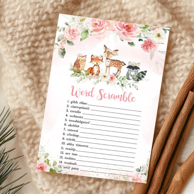ピンクの花柄の森のワードスクランブルゲーム (Girl Woodland Animals Baby Shower Word Scramble Game)