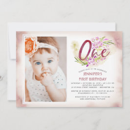 ピンクの花柄の第1誕生日の写真 招待状