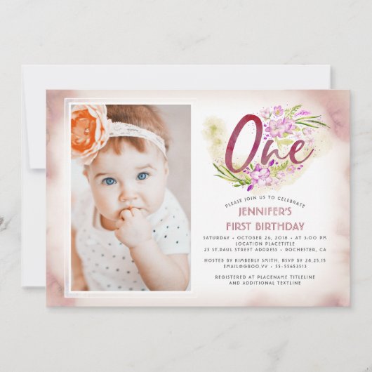 ピンクの花柄の第1誕生日の写真 招待状 (正面)