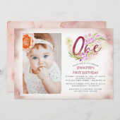 ピンクの花柄の第1誕生日の写真 招待状 (正面/裏面)