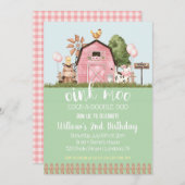 ピンクの花柄の納屋の農場の動物の誕生日招待状 招待状 (正面/裏面)