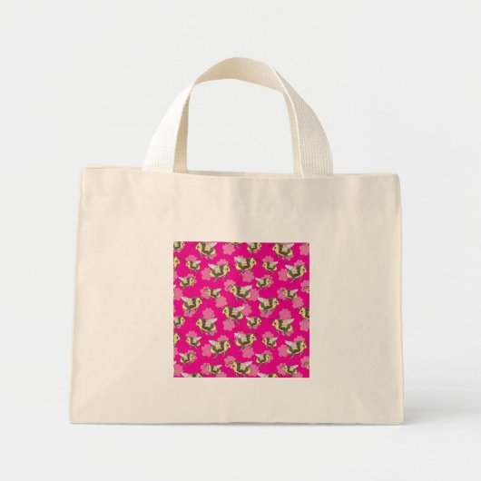 ピンクの花柄の背景に蜂を救おう ミニトートバッグ (正面)