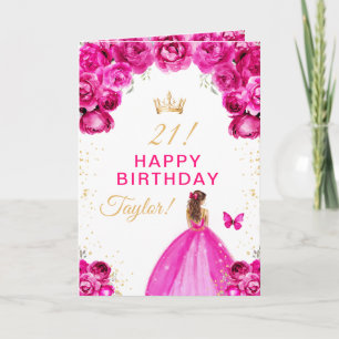 ピンクの花柄の茶髪の女の子お誕生日おめでとう カード