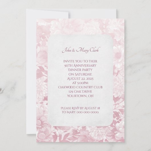 ピンクの花柄の記念日パーティー写真フレーム 招待状 (裏面)