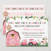 ピンクの花柄の農場動物の誕生日招待状 招待状 (正面/裏面)