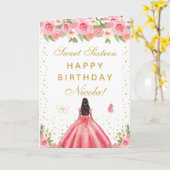 ピンクの花柄の黒い肌の少女の16歳の誕生日 カード (黄色い花)