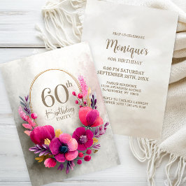 ピンクの花柄の60歳の誕生日パーティー 招待状