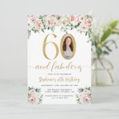ピンクの花柄の60歳の誕生日記念写真招待状 招待状 (スタンド正面)