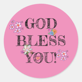 ピンクの花柄の「God Bless You」 ラウンドシール